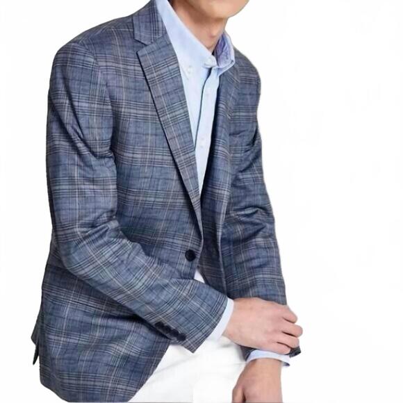 NEW BAR III slim fit plaid blazer sportcoat jacket in tan/blue plaid